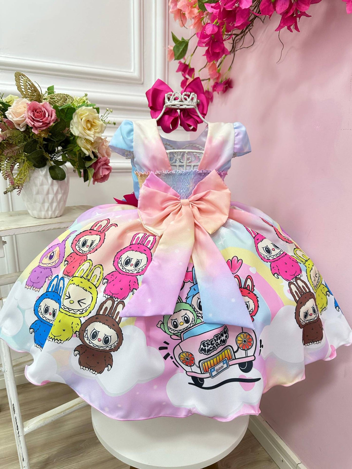 Vestido Infantil Labubu 3D Colorido Festas