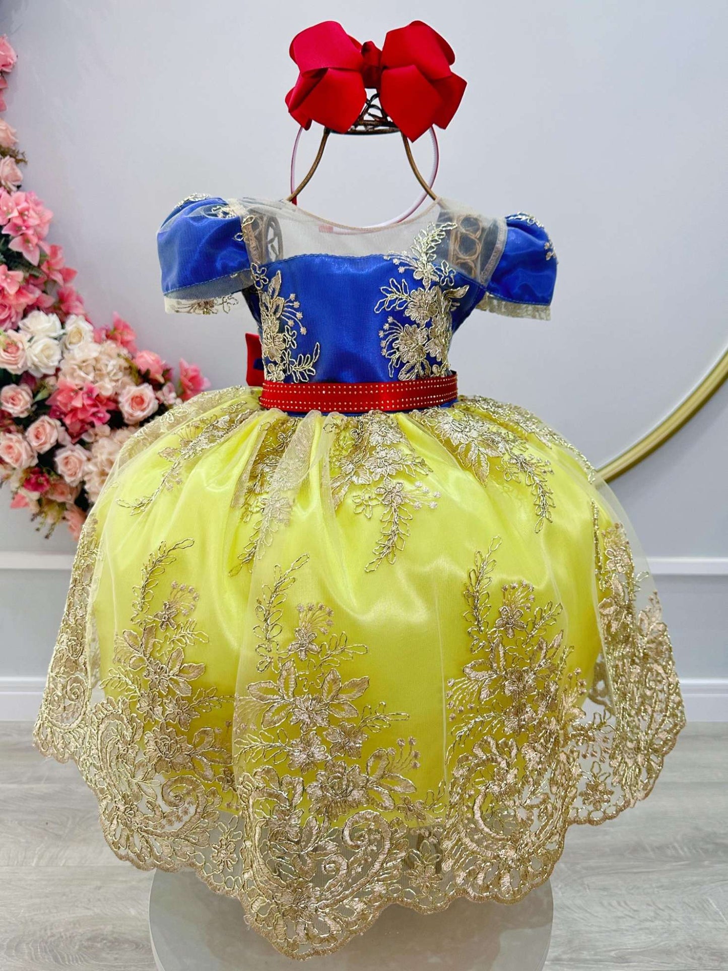 Vestido infantil de Blancanieves con encaje dorado para fiestas