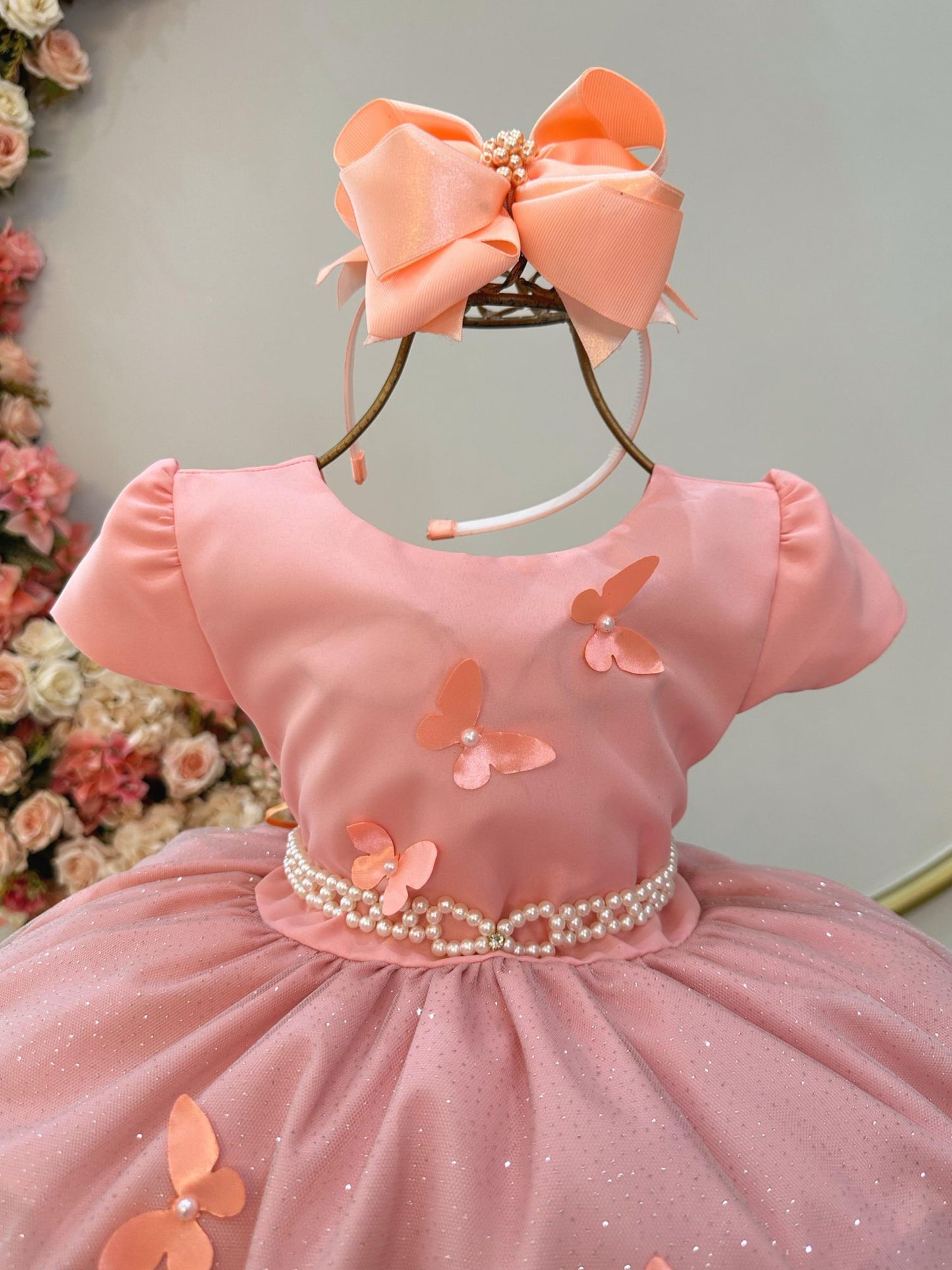 Vestido Infantil Salmão Jardim Encantado Festas Luxo