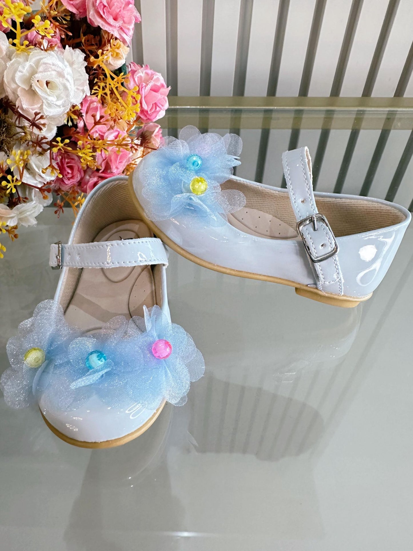 Zapatos infantiles de charol azul claro, Jardín Encantado de Lujo