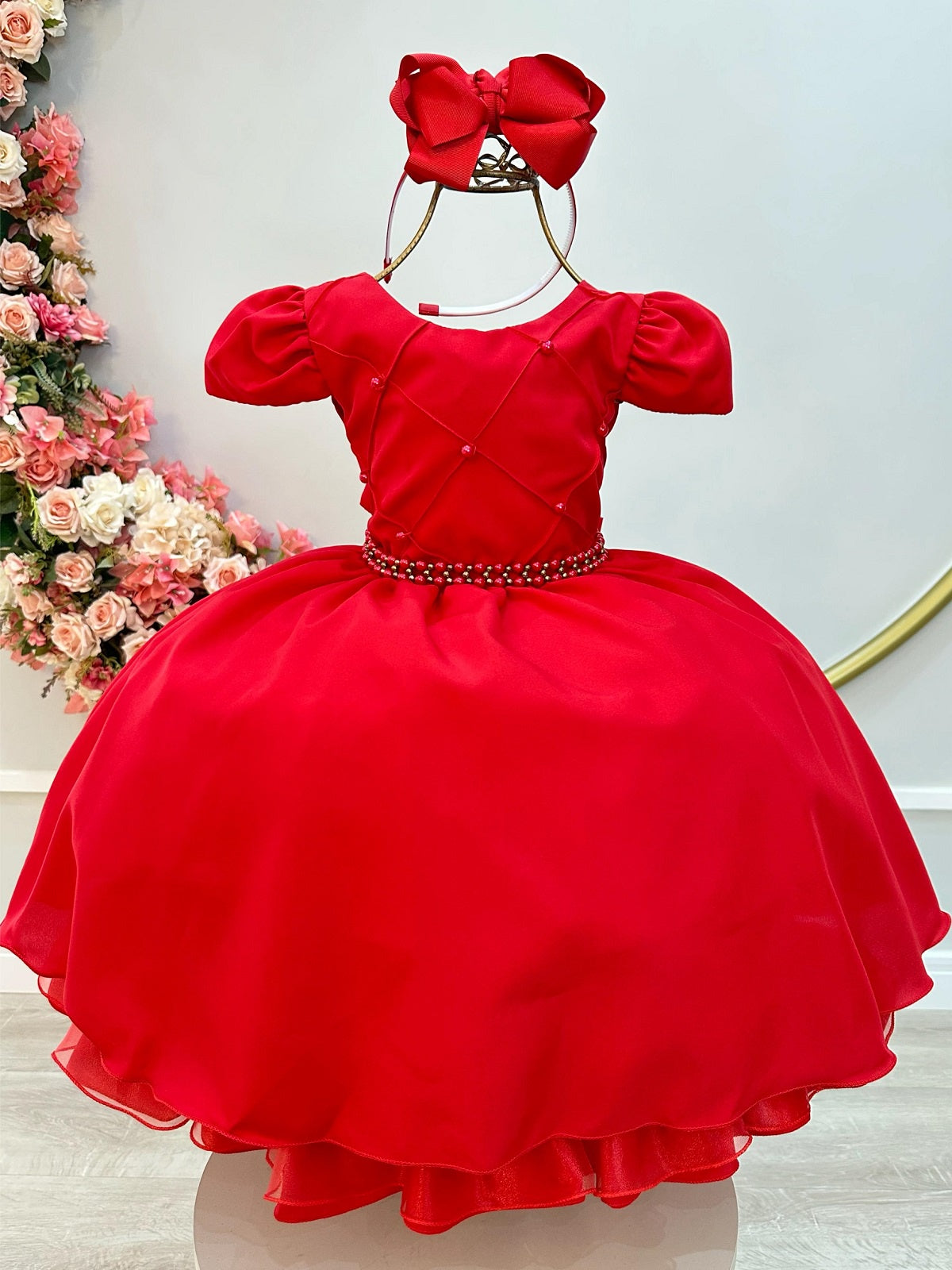 Vestido infantil rojo con cinturón de perlas, boda de lujo