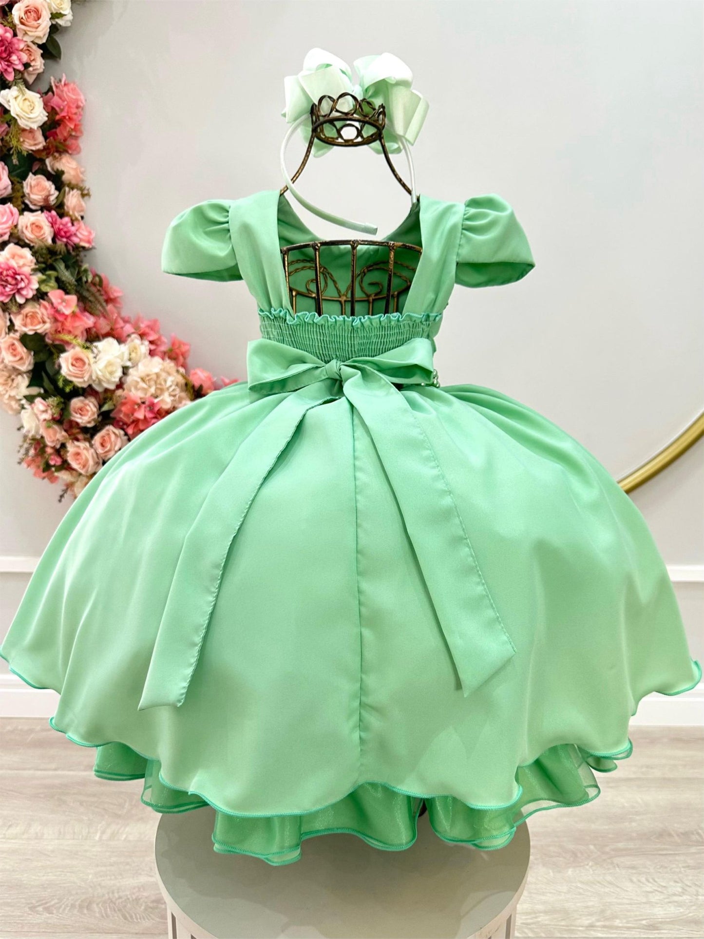 Vestido infantil verde con cinturón de perlas, boda de lujo