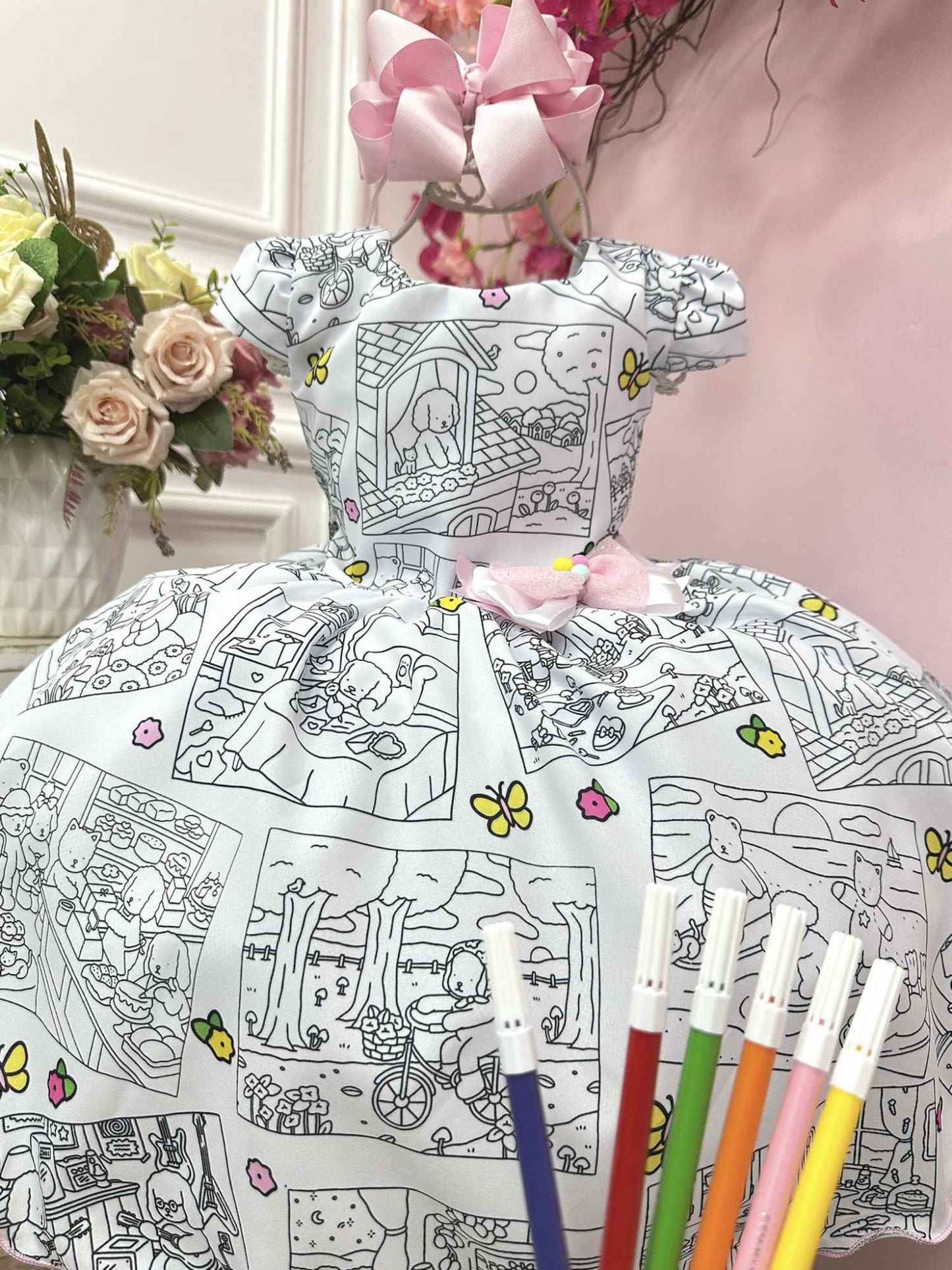 Libro para colorear de vestidos infantiles, pintar y lavar + marcadores, 12 colores de fiesta