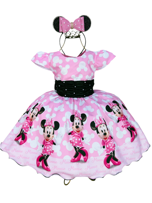 Vestido de fiesta infantil de Minnie Mouse rosa y negro con perlas