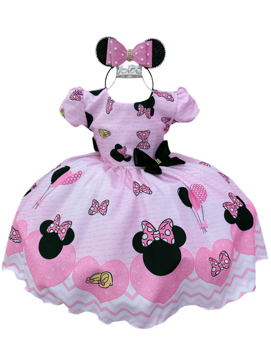 Vestido infantil de Minnie Mouse rosa con broche de lazo de lujo