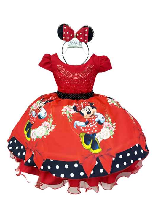 Vestido infantil de Minnie Mouse rojo con cinturón de perlas negras de lujo