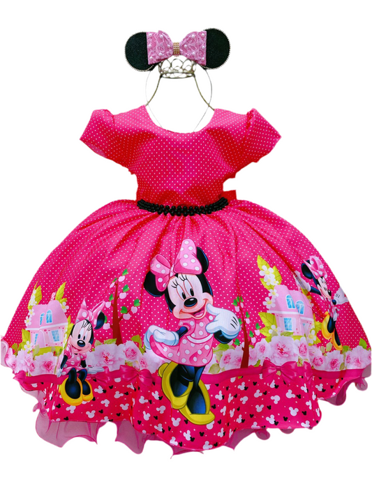 Vestido de Minnie Mouse con lunares rosas y perlas 