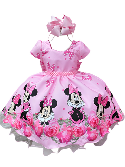 Vestido rosa de Minnie Mouse con cinturón de perlas para fiestas