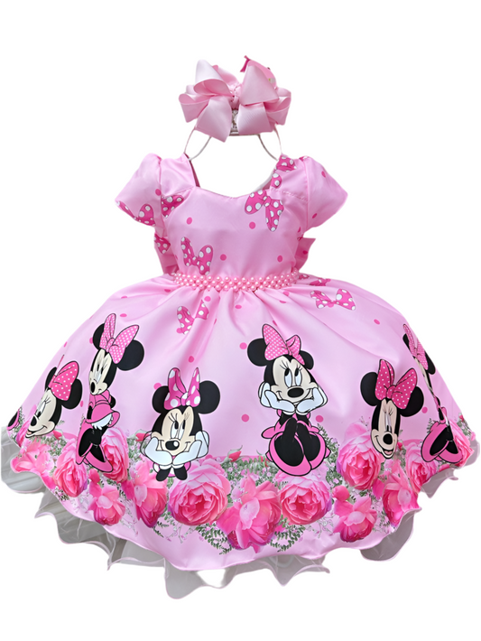 Vestido rosa de Minnie Mouse con cinturón de perlas para fiestas