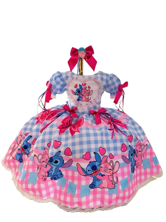 Vestido Infantil Lilo Stitch e Angel Xadrez Azul Festas
