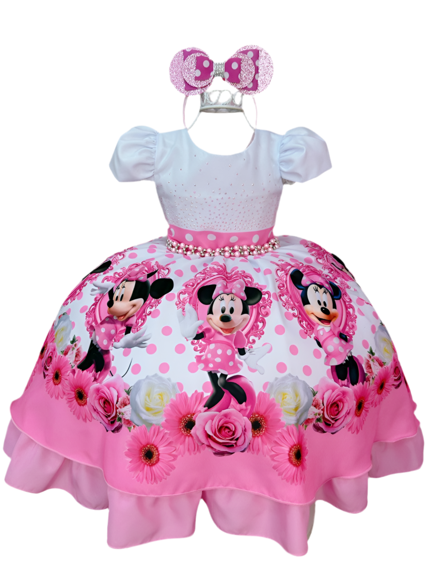 Vestido de Minnie Mouse con lunares rosas y perlas y tiara