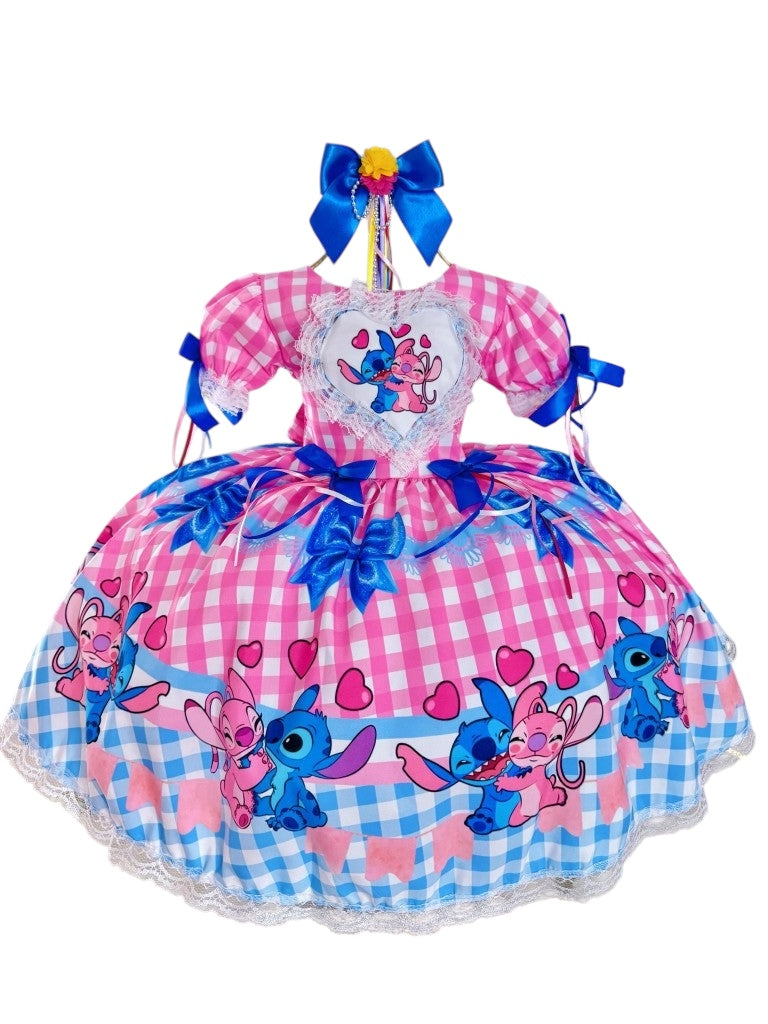 Vestido de fiesta a cuadros rosa de Lilo Stitch y Angel