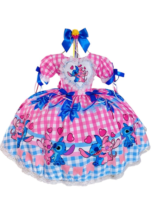 Vestido Infantil Lilo Stitch e Angel Xadrez Rosa Festas