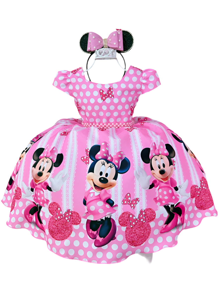 Vestido rosa de Minnie Mouse con cinturón de perlas y princesas de lunares