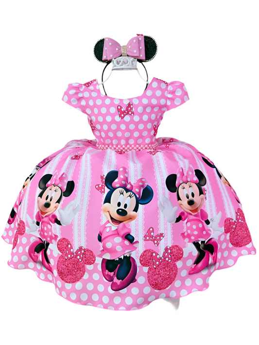 Vestido rosa de Minnie Mouse con cinturón de perlas y princesas de lunares