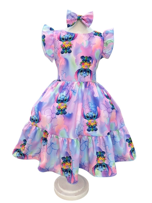 Vestido Infantil Lilo Stitch e Angel C/ Laço Lilás Colorido