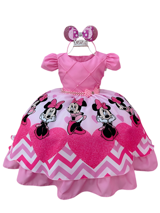 Vestido infantil de Minnie Mouse rosa con cinturón de perlas y tiara