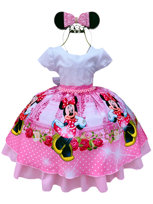 Vestido de Minnie Mouse con estampado floral rosa y lunares blancos y diamantes de imitación en el pecho