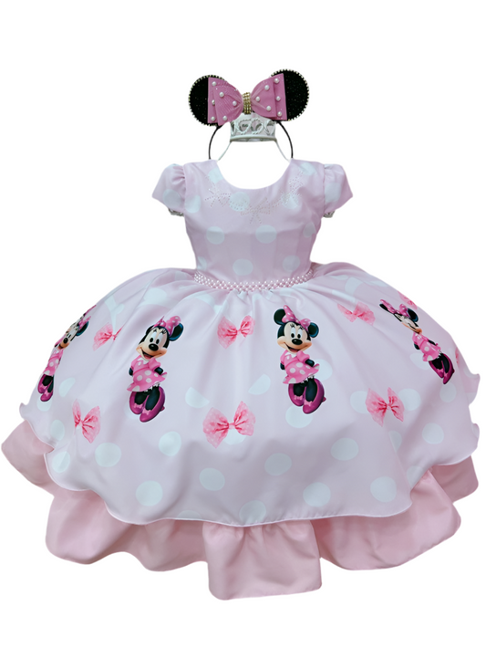 Vestido rosa de Minnie Mouse con lunares y perlas de lujo 