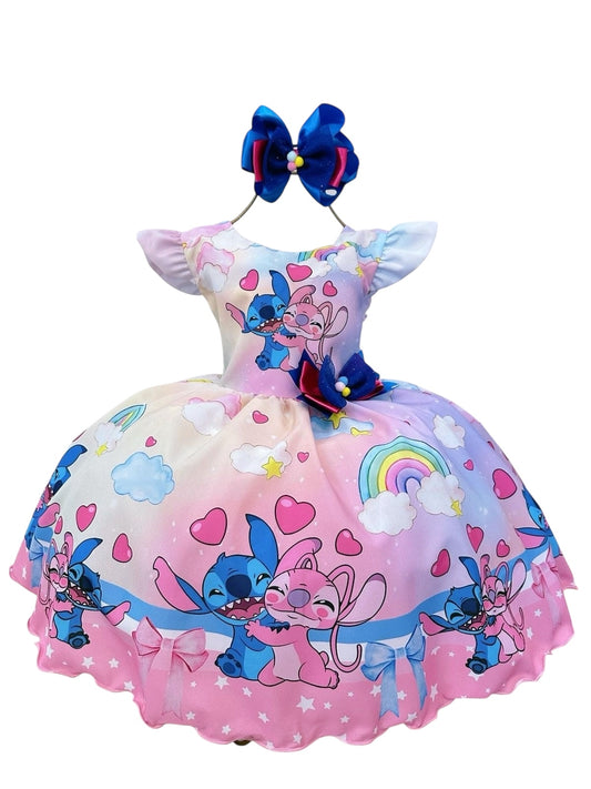 Vestido Infantil Lilo Stitch e Angel Apaixonados Colorido