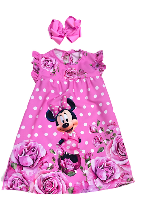 Vestido trapecio infantil de Minnie Mouse en rosa con mangas esponjosas