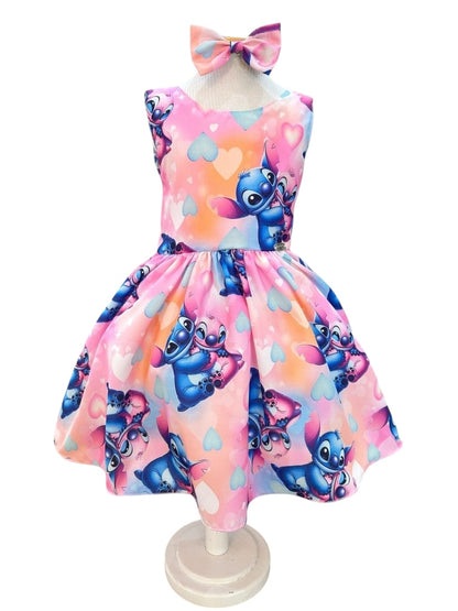 Vestido infantil rosa colorido con lazo de Lilo Stitch y Angel