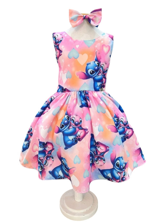 Vestido Infantil Rosa Colorido Lilo Stitch e Angel C/ Laço