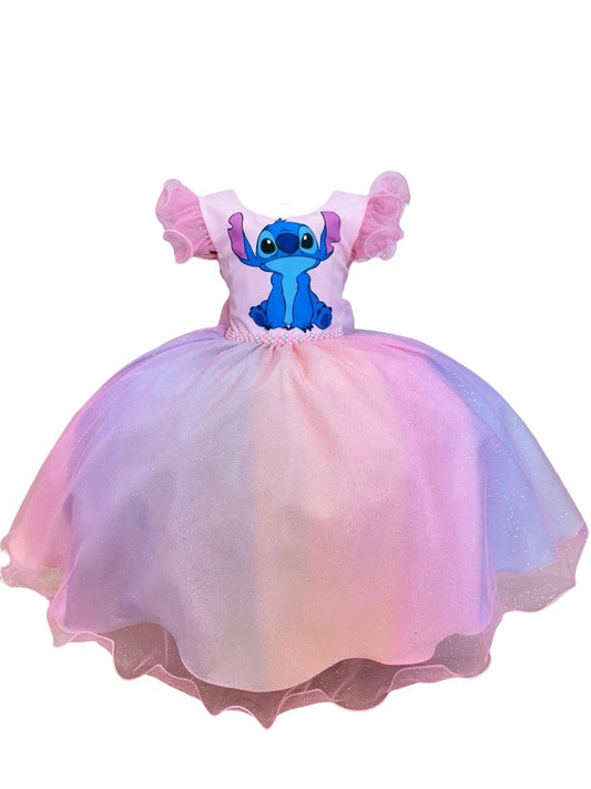Vestido rosa con falda colorida de Lilo Stitch y Angel
