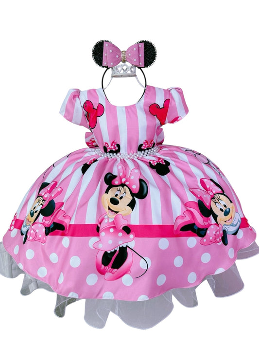 Vestido rosa de Minnie Mouse con rayas y cinturón de perlas