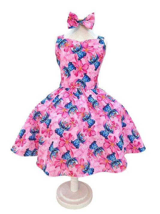 Vestido Infantil Lilo Stitch e Angel C/ Laço Rosa Colorido