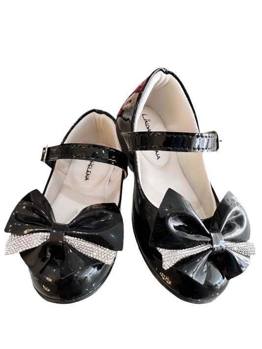 Zapato de charol negro con aplique de lazo de diamantes de imitación de lujo 