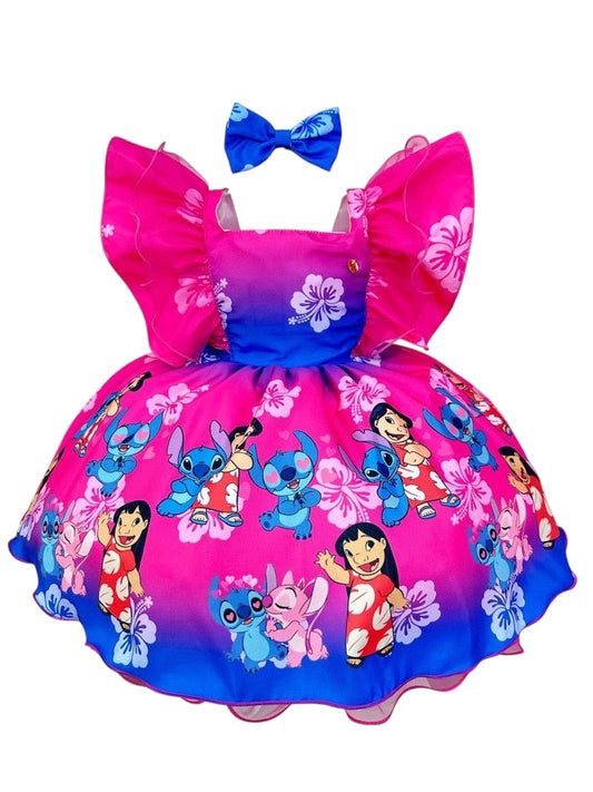 Vestido de fiesta infantil rosa y azul con lazo de Lilo y Stitch y Ángel