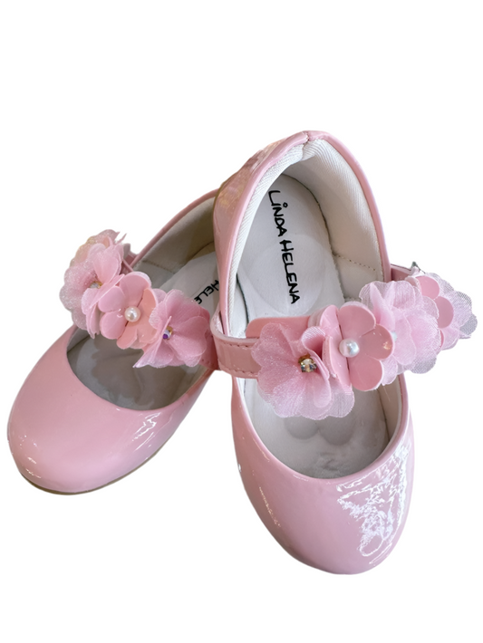 Zapatos infantiles de charol rosa con apliques florales de lujo