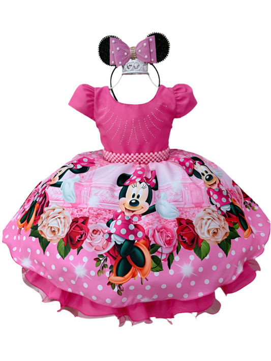 Vestido infantil de Minnie Mouse con flores rosas y diamantes de imitación y cinturón de perlas
