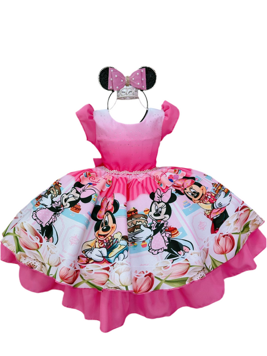 Vestido infantil de Minnie Mouse rosa con pedrería