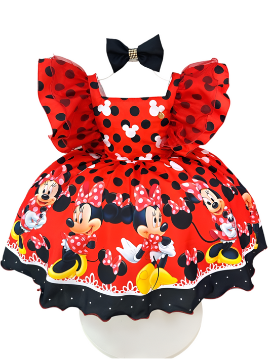 Vestido infantil de Minnie Mouse rojo con lunares negros y lazo de lujo