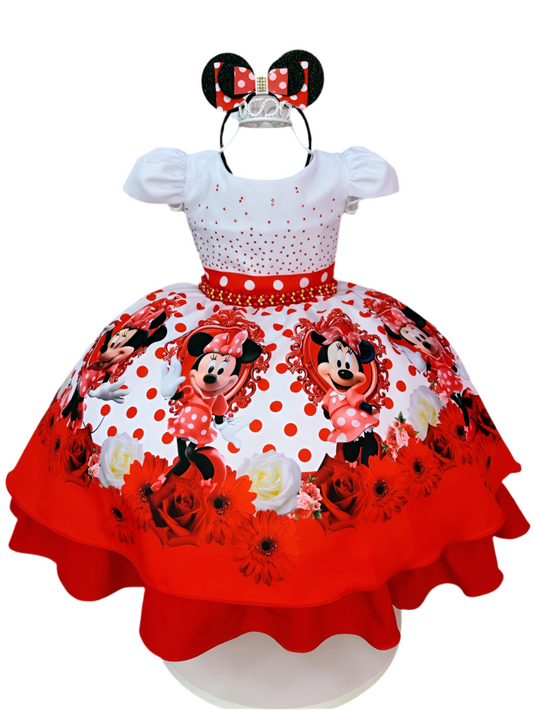 Vestido de Minnie Mouse con lunares rojos y perlas y tiara