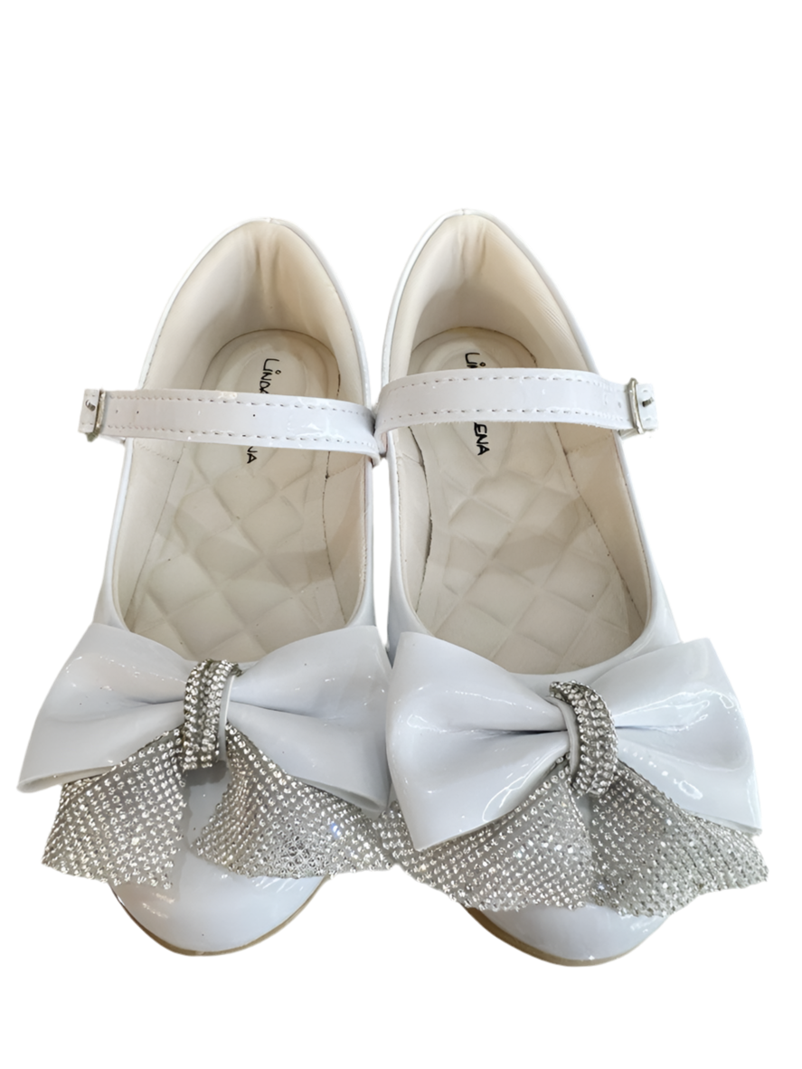 Zapatos infantiles de charol blanco con aplique de lazo de diamantes de imitación 