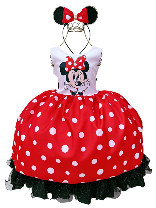 Vestido infantil de Minnie Mouse rojo con lunares blancos y tiara