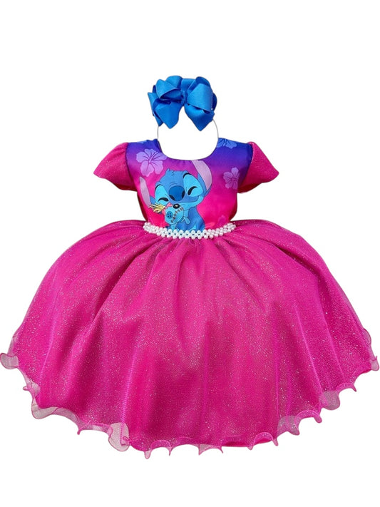 Vestido de fiesta rosa y azul con purpurina de Lilo Stitch
