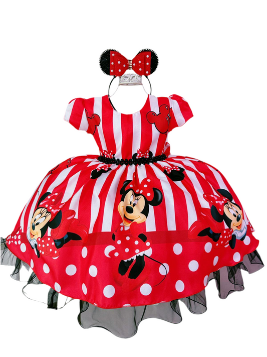Vestido rojo de Minnie Mouse con rayas y cinturón de perlas