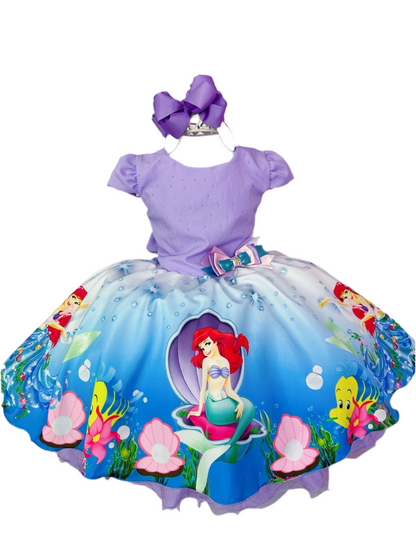 Vestido infantil de princesa Ariel sirena con apliques de diamantes de imitación color lila