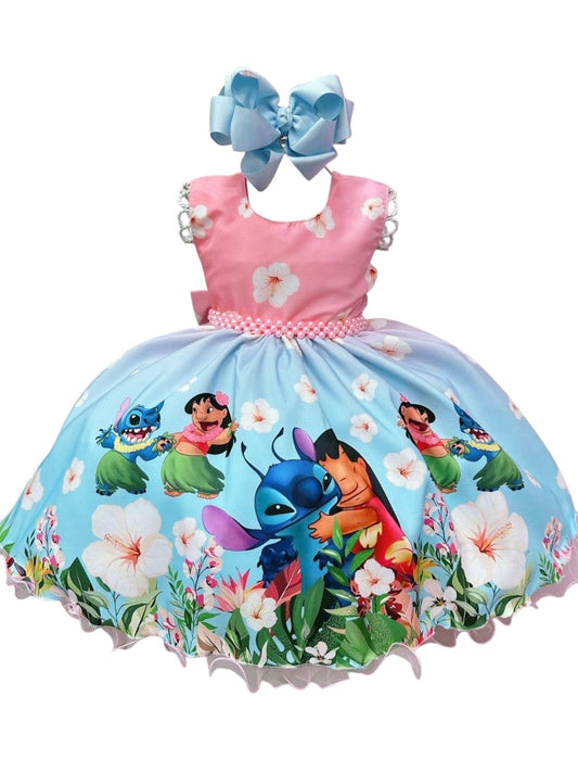 Vestido de fiesta floral azul claro de Lilo y Stitch para niños