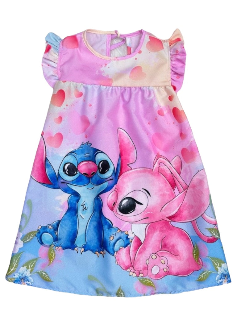 Vestido trapecio infantil con mangas esponjosas de Lilo y Stitch y Ángel en color rosa