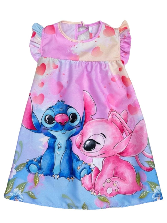 Vestido trapecio infantil con mangas esponjosas de Lilo y Stitch y Ángel en color rosa