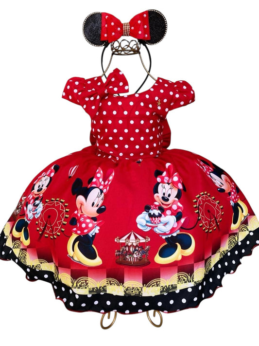 Vestido Infantil Minnie Rojo Lunares Blancos Con Lazo 