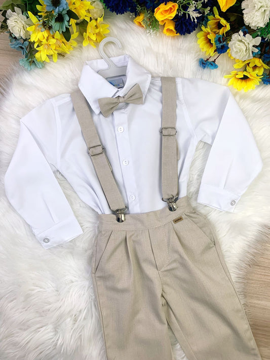 Conjunto formal: Camisa blanca, pantalón, tirantes beige 