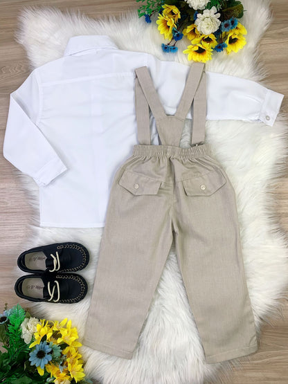 Conjunto formal: Camisa blanca, pantalón, tirantes beige 