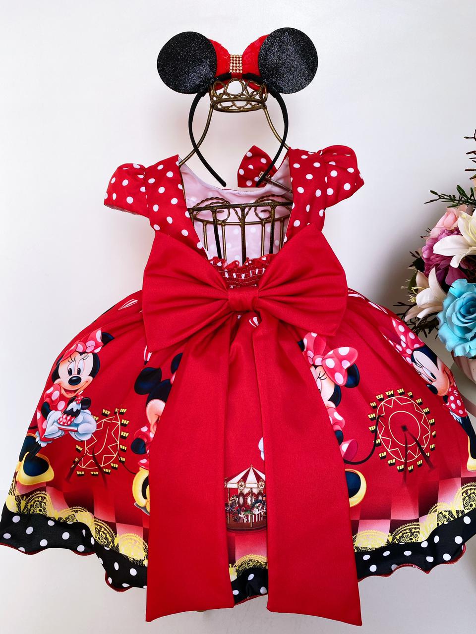 Vestido Infantil Minnie Rojo Lunares Blancos Con Lazo 