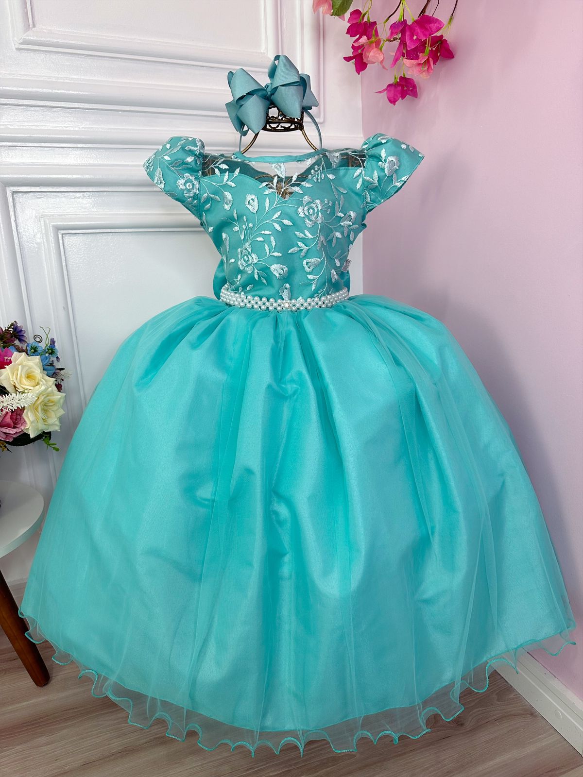 Vestido de dama de honor de boda infantil verde con encaje de realeza